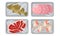 Meat and Fish Packed in Boxes Under Vacuum Food Packaging Film for Keeping Safe Vector Set