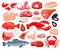 Meat food. Cartoon seafood and butcher shop food, shrimps, salmon, lobster, prime rib, bacon and beef steak. Protein