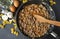 Meat gravy to pasta in a frying pan, cooking, eggs, spices