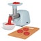 Meat grinder with a tray for meat and a metal pipe twists meat for cutlets, a plate with ready forcemeat and a cutting board