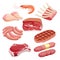 Meat icon set vector Fresh and grilled meat icons set. Steak, shrimp, chicken leg, sausages, ribs, pork and beef