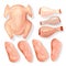 Meat ingredients for cooking festive dishes. Whole poultry and its parts breasts, leg quaters.