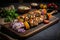 Meat kebabs with vegetables on a wooden board. Grilled Chicken Kebabs on the Skewers, Generative AI