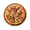 Meat Lovers Pizza On Round Wooden Board Plate On White Background Directly Above View