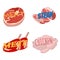 Meat objects vector on white background in cartoon style. Beef, pork, lamb, round steak, boneless rump, ribs, chicken, sausage, ha