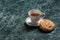 Meat pie with saucer, black tea on marble background