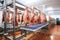 Meat processing plant. Work process for meat production. Arrival of jamon or cold cuts. Production of pork or beef in a modern