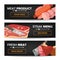 Meat Product Horizontal Promo Banners Vector. Beef And Pork Sausage. For Butcher Shop Promo. Isolated Illustration