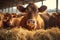 Meat production beef cattle peacefully feeding on hay in cowshed