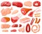 Meat products. Cartoon butchery shop food, chicken, beef steak, pork, prime rib, bacon slice and sausages. Fresh meat