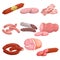 Meat products in cartoon style set. Butcher shop icons. Bacon slices, smoked sausage, salami, mortadella slices, frankfurters and
