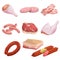Meat products in cartoon style set. Butcher shop icons. Chicken legs, bacon slices, smoked sausage, pork bristle, salami, motadell