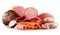 Meat products including ham and sausages on white
