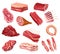Meat products and raw meat. Illustration for concept product of farmers market or shop. Different kind of meat. Cartoon