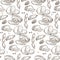 Meat products, sausages and ham slices seamless pattern