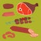 Meat products set of cartoon delicious barbecue kebab variety delicious gourmet meal and animal assortment slice lamb