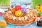 Meat quail egg ring for Easter dinner , colorful Easter composition