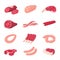 Meat sausage. Fresh raw meats, sausages and uncooked pork. Cartoon dinner ingredients, bacon beef salami. Food products