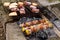 Meat and sausage skewers, hamburger, steak, grilled, preparation, barbecue