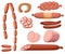 Meat and sausages Set of fresh and prepared meat. Beef, pork, salted lard and bologna and salami sausages. Modern flat style reali
