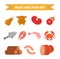 Meat and seafood icon set, flat style. Meat and fish set isolated on a white background. Meat and sausage, protein foods. Vector