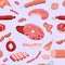 Meat seamless pattern. Meat products background for butcher shop design. Beef steaks, pork ribs, tenderloin, sliced