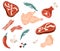 Meat set. Steaks, meat on the bone, chicken, bacon, garlic and hot pepper. For shops, restaurants, menus and cafes. Vector cartoon