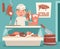 Meat Shop Counter Butcher Seller Retro Vintage Cartoon Character Icon Background Design Vector Illustration