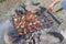 Meat on skewers fried on the grill in the open air, visible hands of the cook