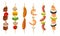 Meat Slabs and Sliced Vegetables on Skewers or Wooden Sticks Cooked on Grill Vector Set