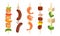 Meat Slabs and Sliced Vegetables on Skewers or Wooden Sticks Cooked on Grill Vector Set