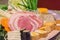 meat and slide pork on dish for sukiyaki
