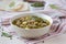 Meat soup with beef, mung green beans, legumes, hot Indian