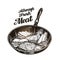 Meat, steak in frying pan. Hand drawn sketch vector illustration