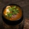 Meat thai soup with onion and parsley. Close up shot bowl with Spicy dish. Oriental lunch. Pan-Asian cuisine. Soft focus