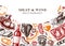 Meat and wine vector design. Hand drawn food and alcohol drinks illustration. Meat restaurant menu template in engraved style.