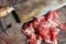 The meat,wood chopping block and kitchen knife