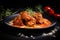 Meatballs in spicy tomato sauce, garnished with herbs, on a black plate dark, elegant presentation