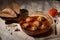 Meatballs in tomato sauce in a glass dish, rye bread, linen tablecloth, Low key