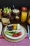 Meatless and Eggless Breakfast on the wooden table with black background.