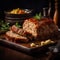 meatloaf with sauce vegetables and herbs on a wooden board .Rustic Style
