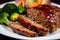 Meatloaf with a sweet and tangy glaze, served with a colorful medley of roasted vegetables