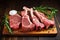 Meaty vision Raw lamb cutlets on bone, dark wooden background