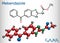 Mebendazole, MBZ molecule. It is synthetic benzimidazole derivate and anthelmintic drug. Structural chemical formula and