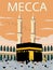 Mecca Saudi Arabia travel poster with Great mosque (al -Masjid Al haram) illustration