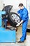 Mechanic at auto wheel tyre changer