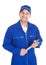 Mechanic in blue overalls holding spanner