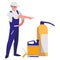 Mechanic worker with extinguisher fire and oil gallon