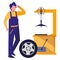 Mechanic worker with tire changer machine