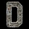 Mechanical alphabet made from rivet metal with gears on black background. Letter D. 3D